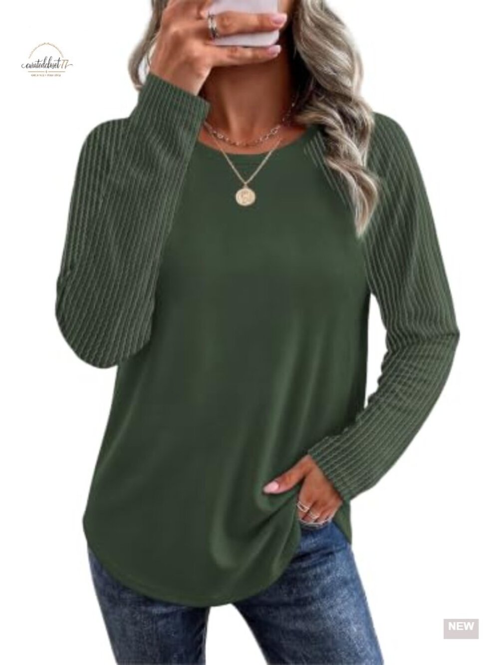 Womens Long Sleeve Crew Neck Tunic Sweatshirt Ribbed Sleeve Loose Fit Casual